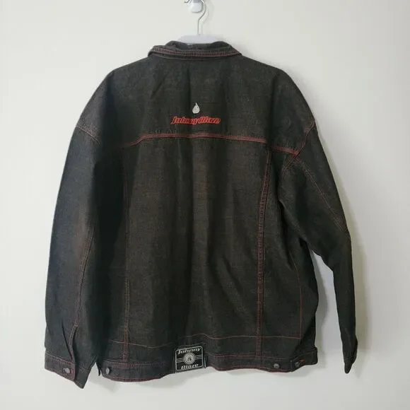 Johnny Blaze Y2K Mens Denim Jacket Brown Red Stitches Cotton Button-Up Logo 2XL - Picture 2 of 9